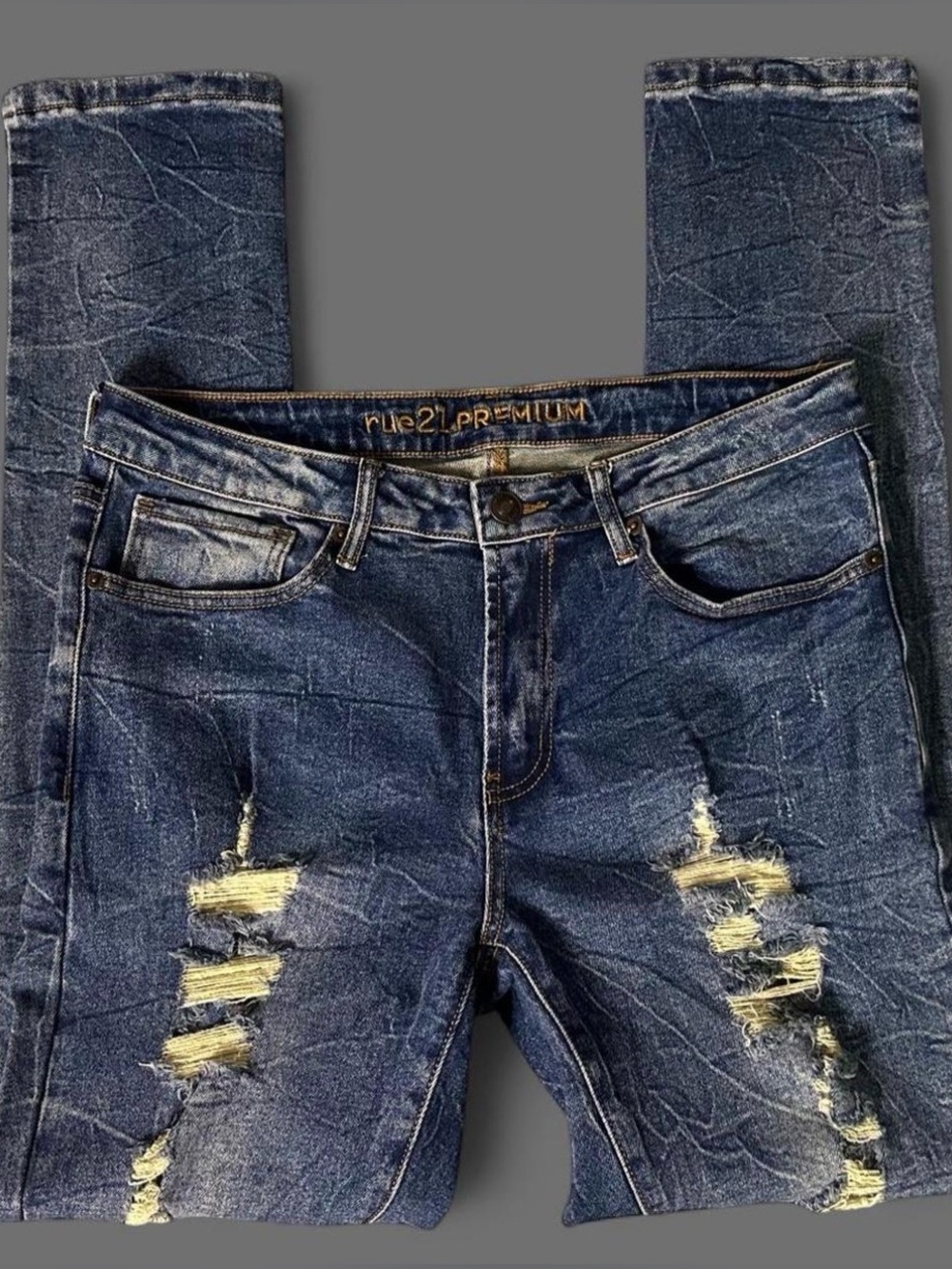 Rue 21 Men's Distressed Dark Blue Skinny Jeans